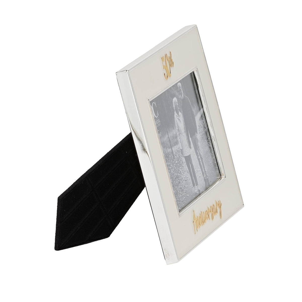 Side view of Caroline Collection 50th Anniversary Picture Frame showing the slim metal frame and black tabletop stand