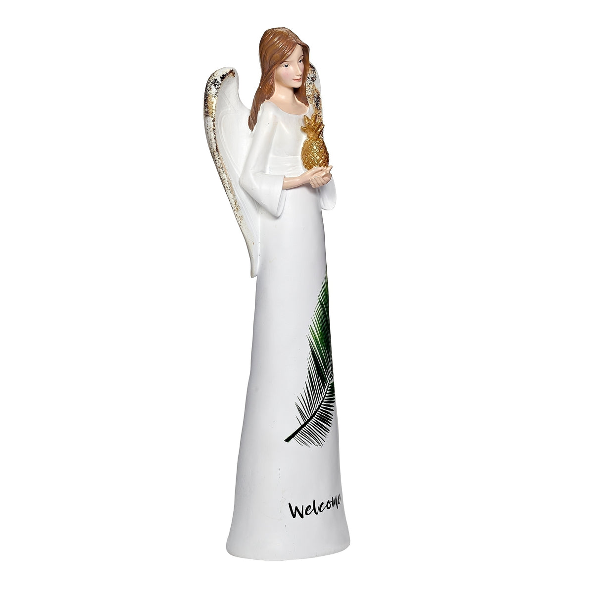 Opposite side view of Welcome Angel with Pineapple showing the pineapple, white wings, and botanical gown detail