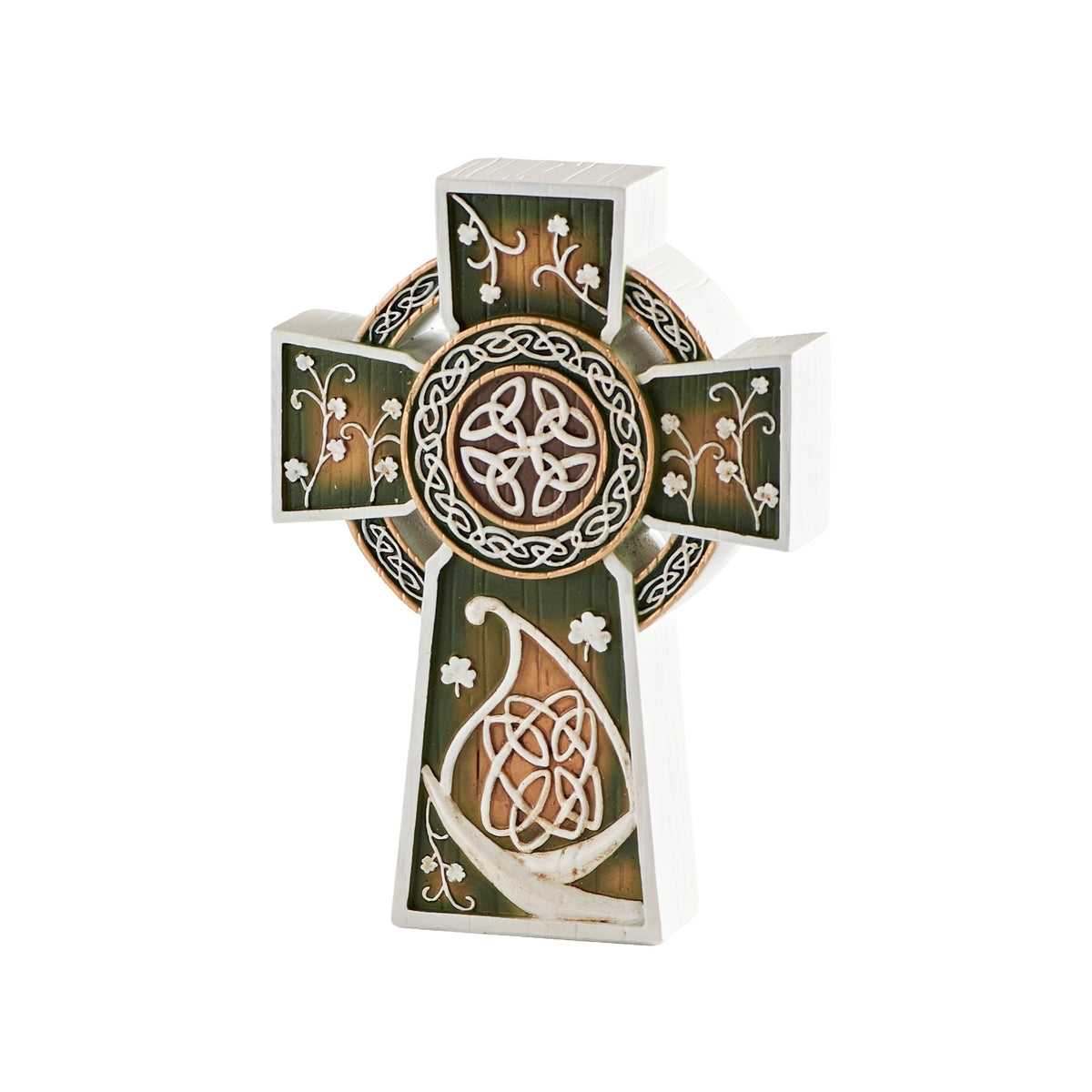 Full front view of Woodcut-Style Celtic Tabletop Cross showing the detailed Celtic patterns and shamrock motifs