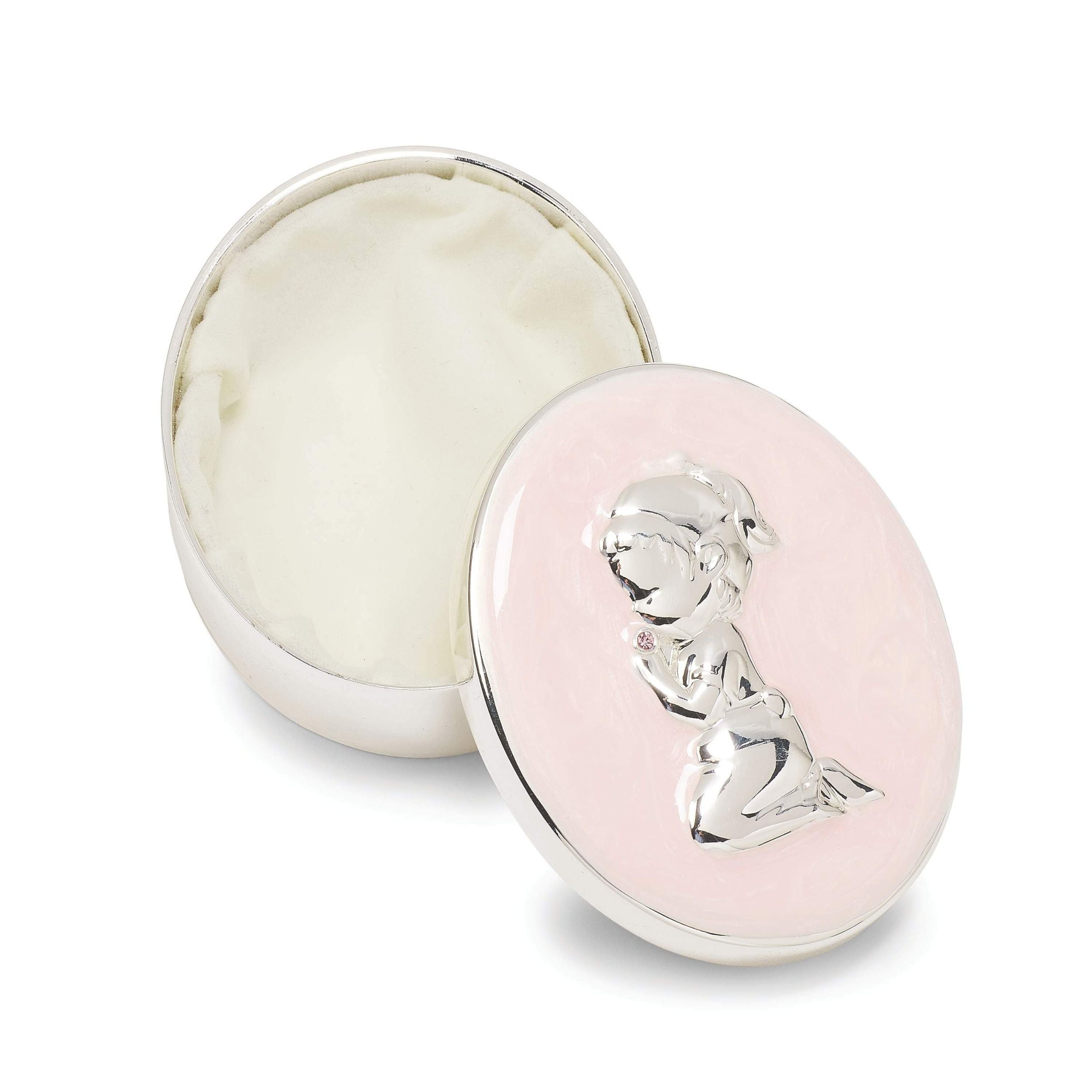 Pink and silver compact with a decorative figure on a white background