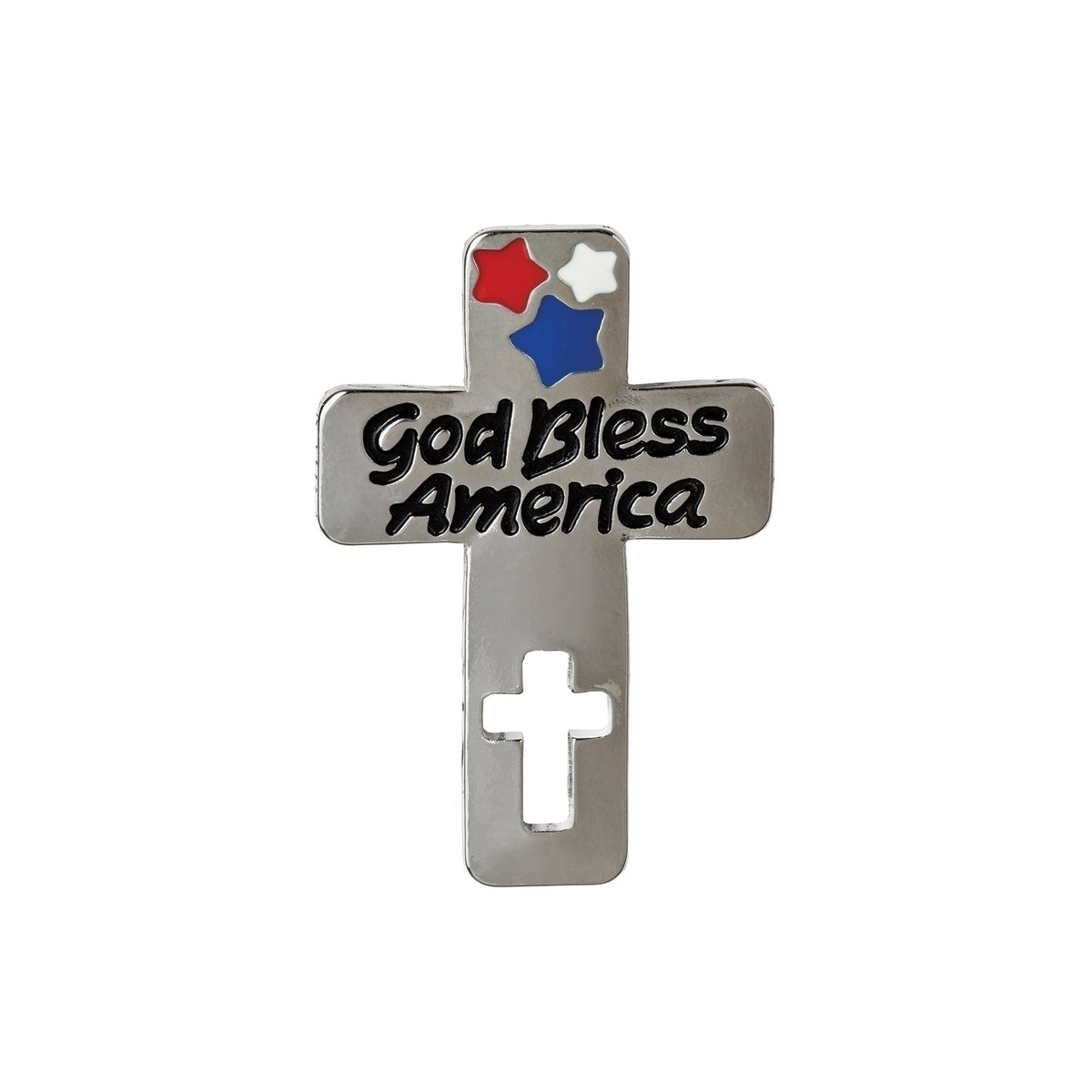 God Bless America cross visor clip with red, white, and blue star accents