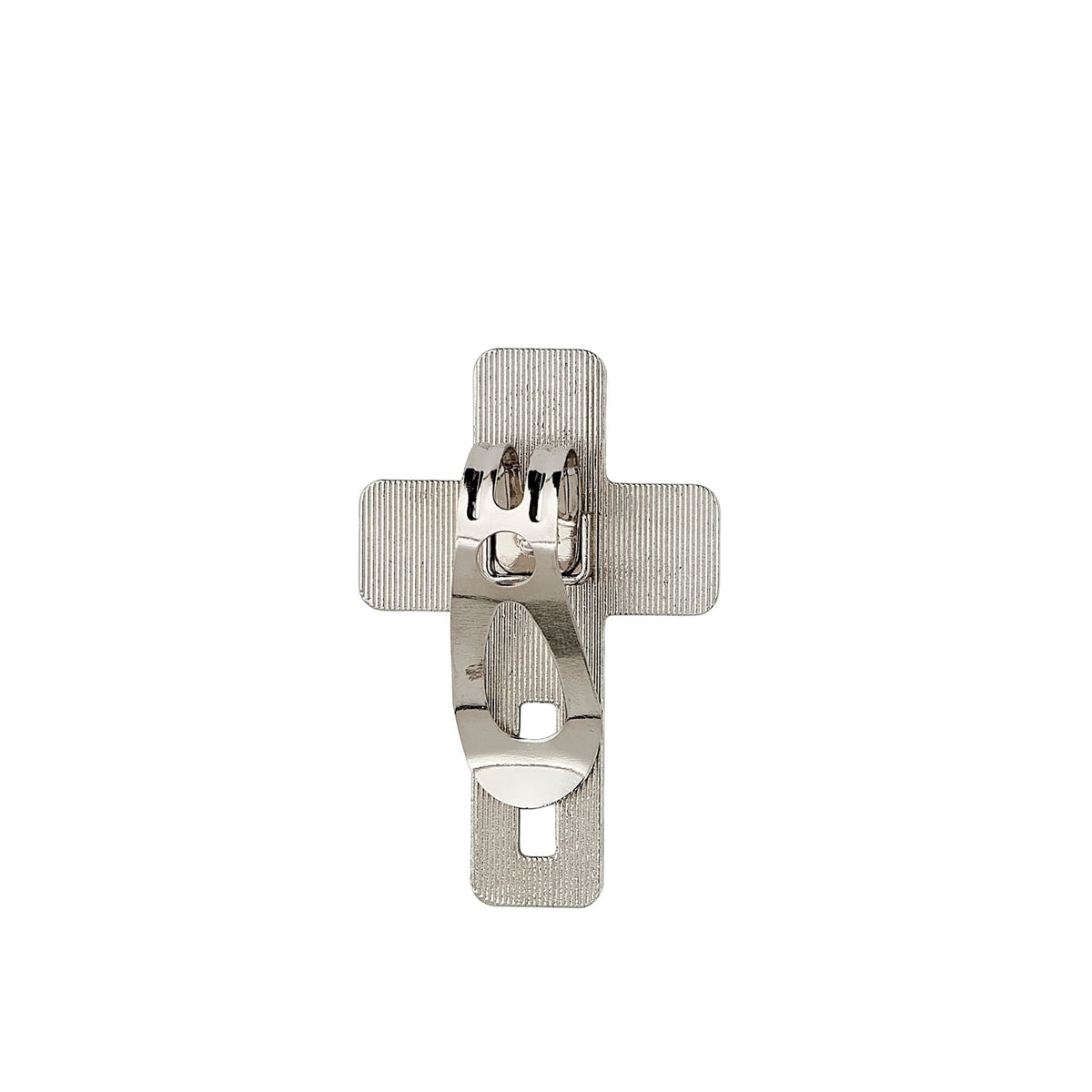 Back view of God Bless America cross visor clip showing metal visor attachment