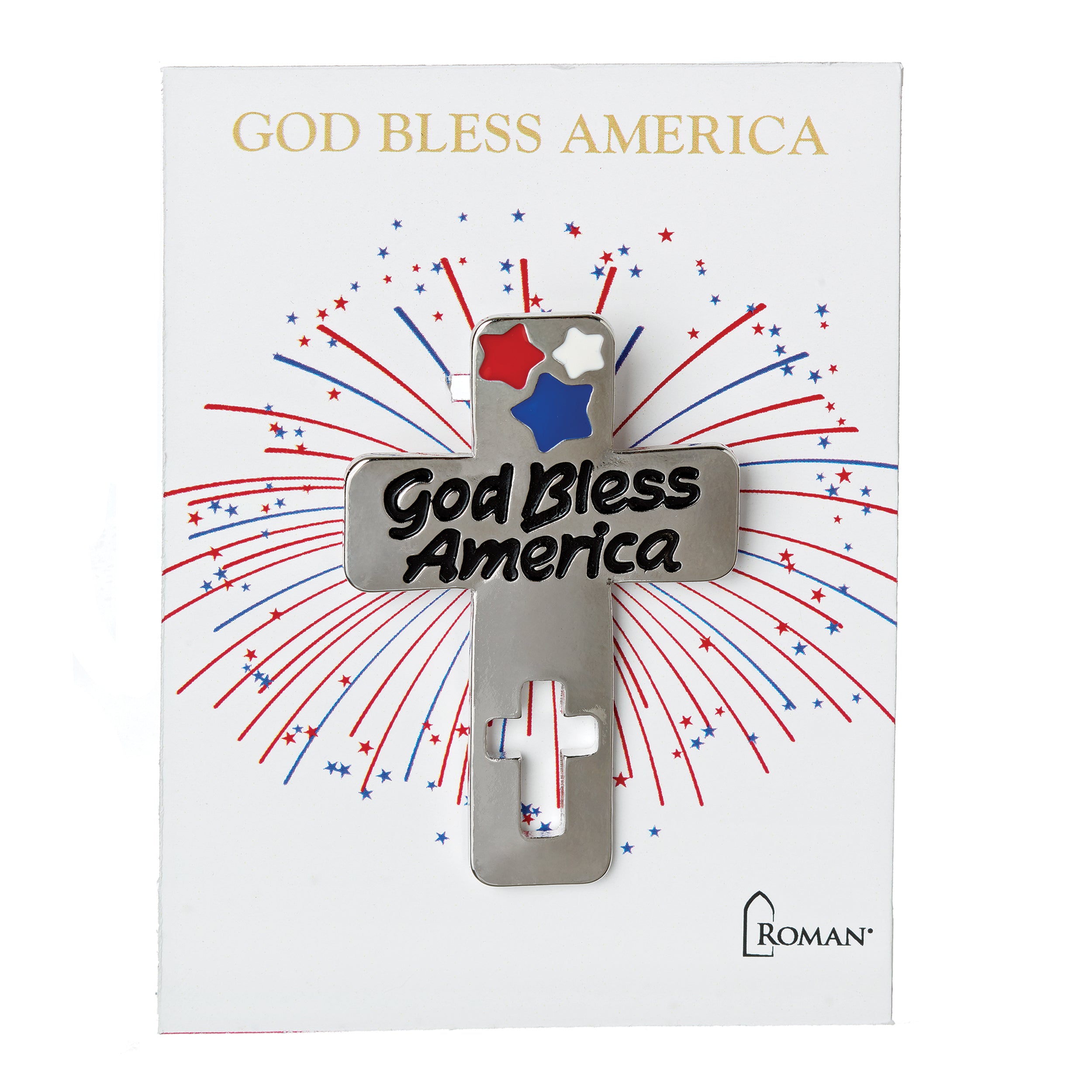 Decorative cross with 'God Bless America' text on a patriotic background, featuring stars and stripes.