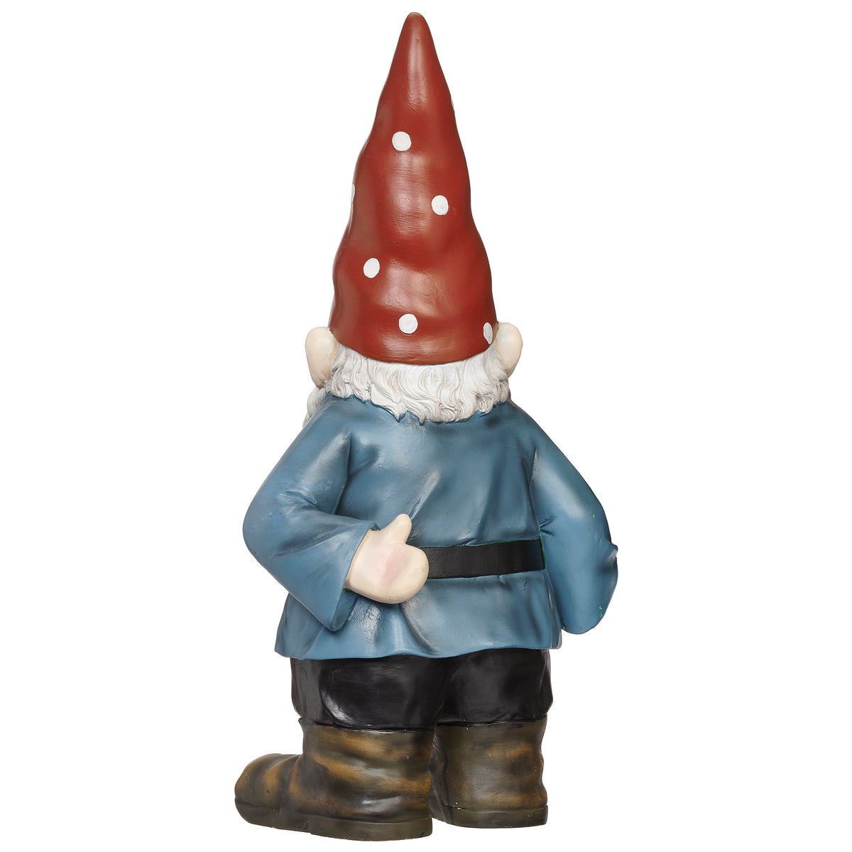 Back view of Garden Gnome Bird Feeder showing the blue tunic, red hat, and sculpted clothing details