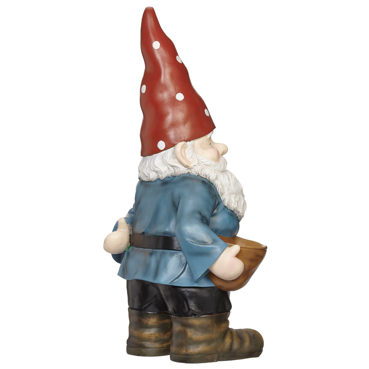 Opposite side view of Garden Gnome Bird Feeder showing the gnome profile and feeder basket