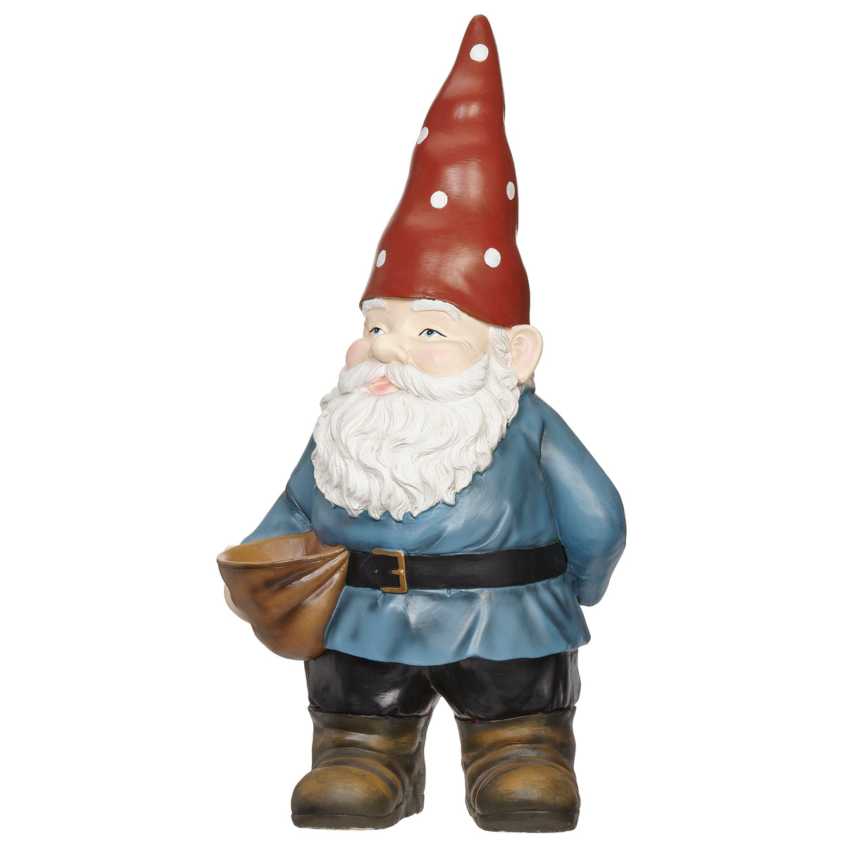 Front view of Garden Gnome Bird Feeder showing the gnome holding the shallow feeder basket