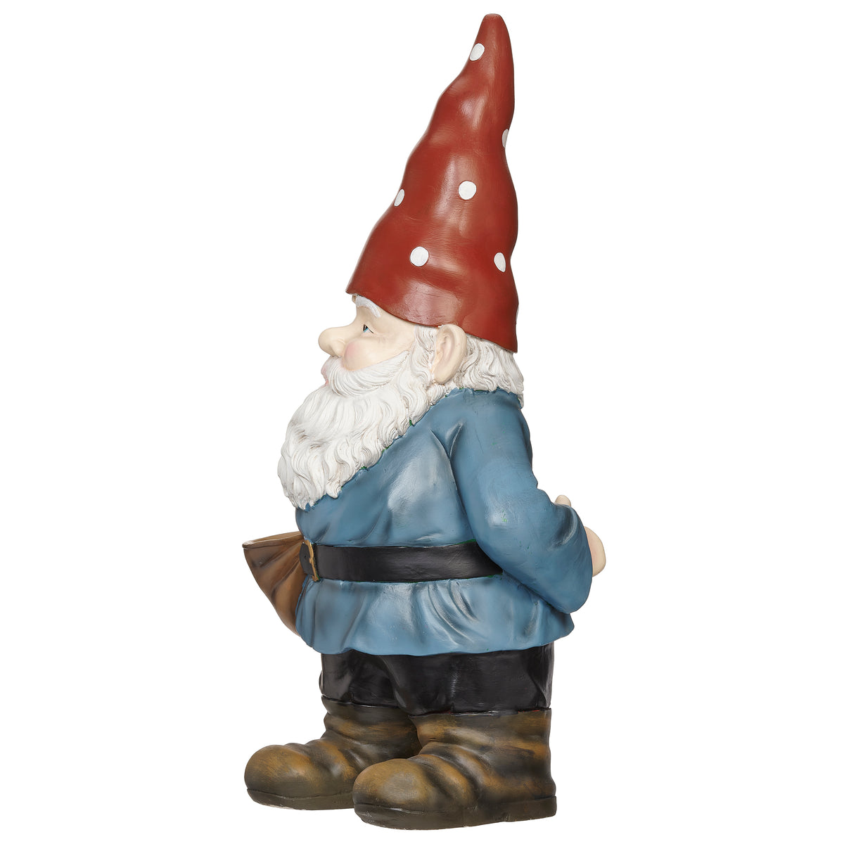 Side view of Garden Gnome Bird Feeder showing the red hat, blue tunic, white beard, and basket