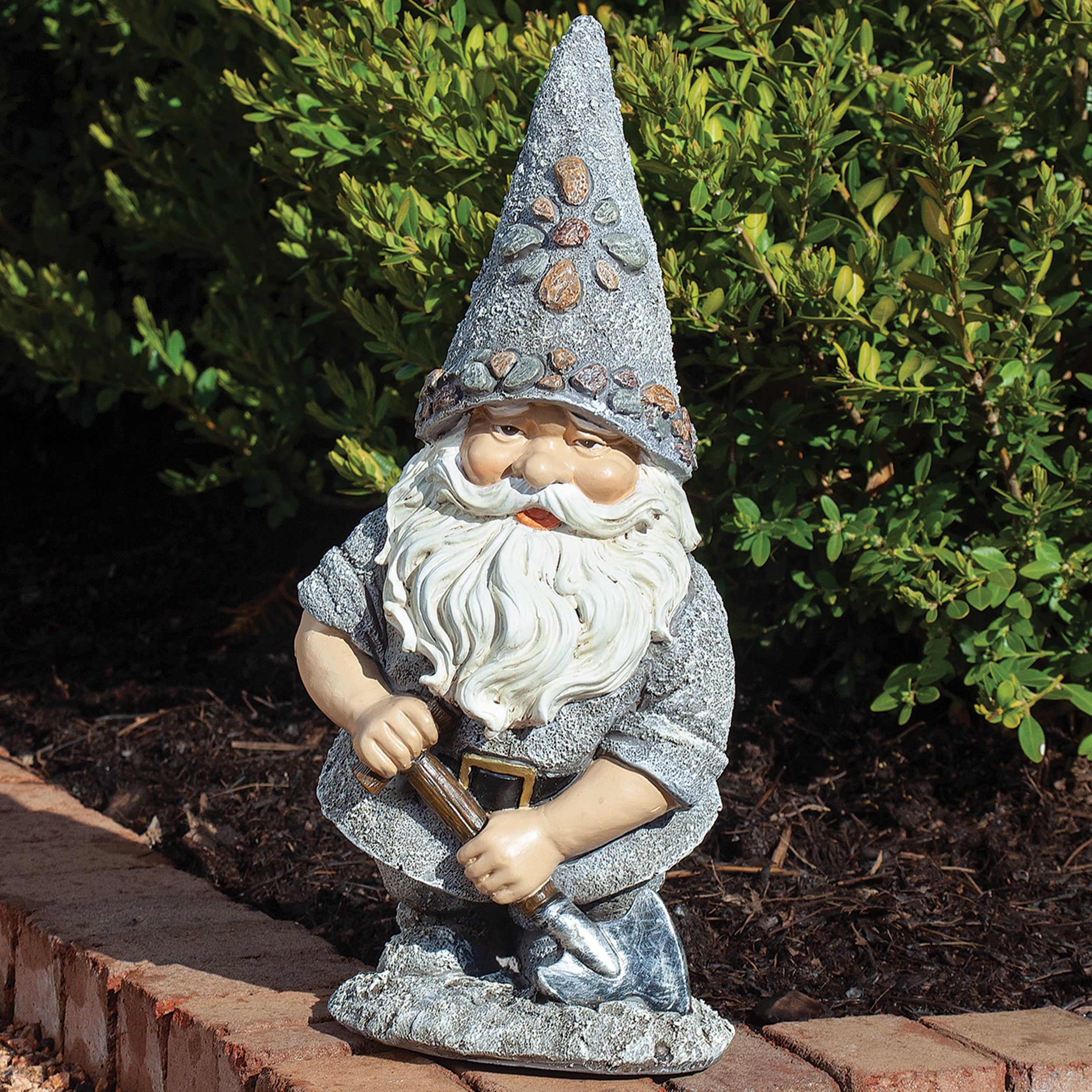 Stone-Look Gnome with Shovel Garden Statue
