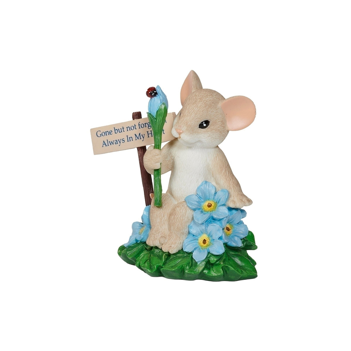 Front angled view of Charming Tails Forget Me Not figure showing the mouse, blue flowers, and remembrance sign