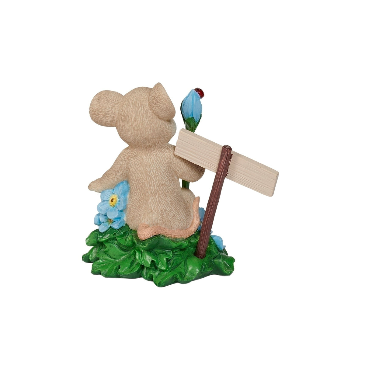 Back view of Charming Tails Forget Me Not figure showing the mouse, signpost, and floral base