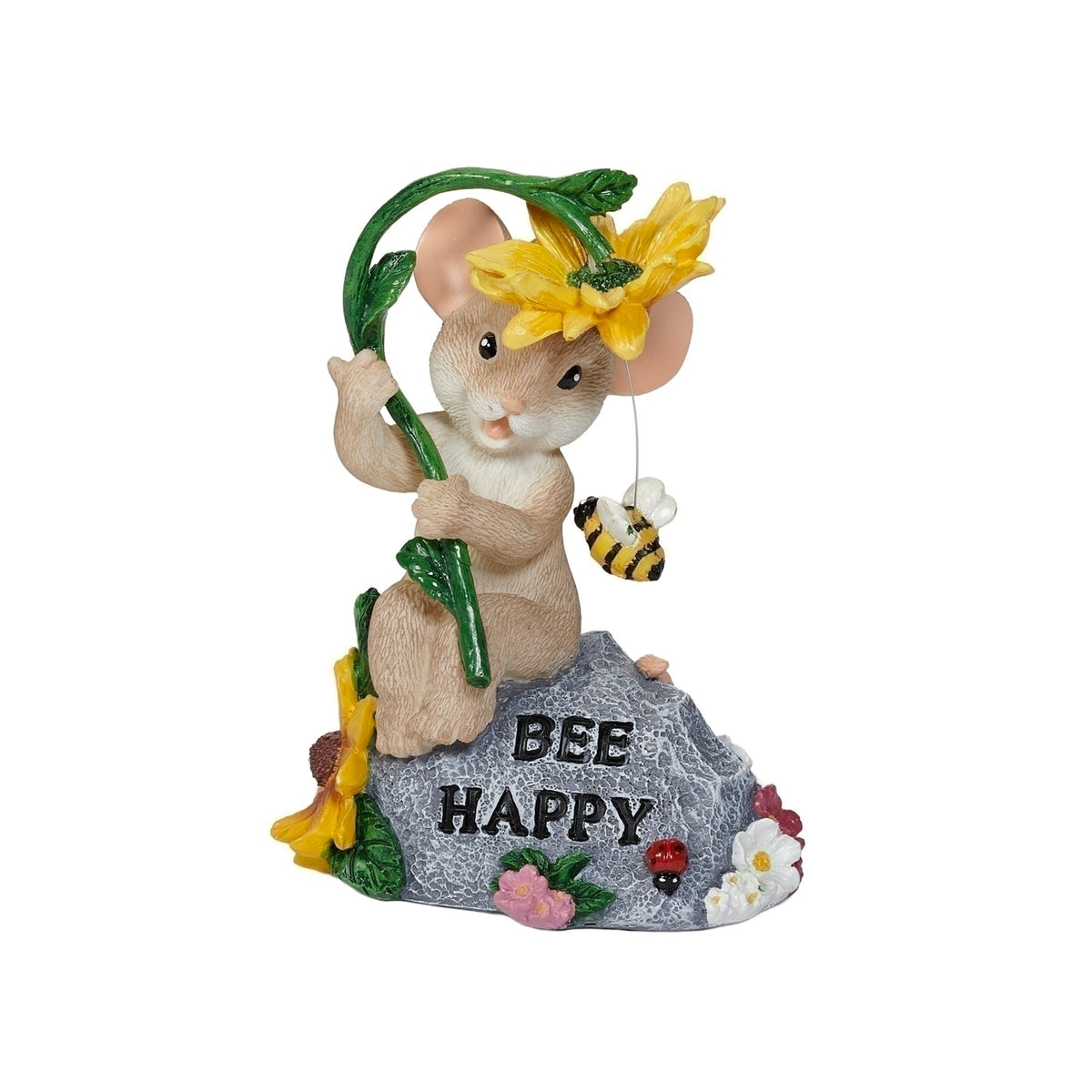Front angled view of Charming Tails Bee Happy figure showing the mouse, sunflower, bee, and floral base
