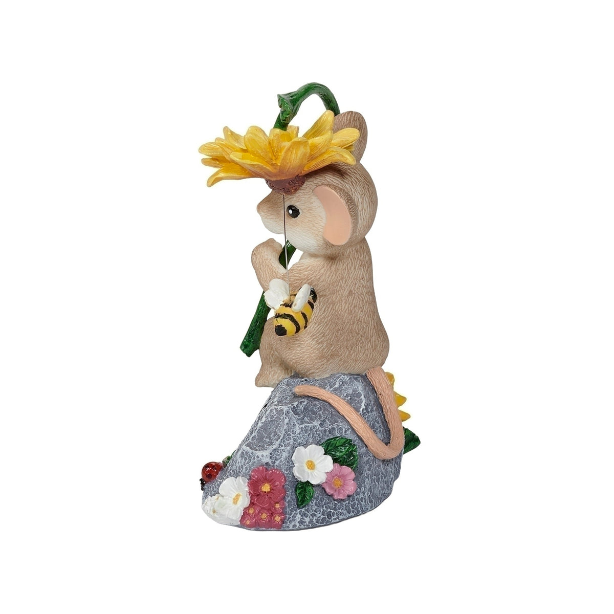 Side view of Charming Tails Bee Happy figure showing the mouse, sunflower, and colorful flower details