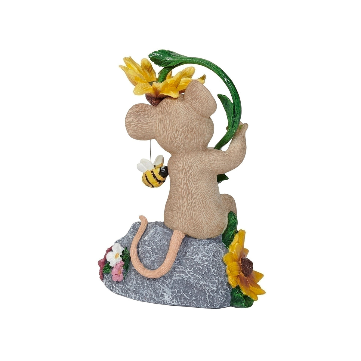 Rear angled view of Charming Tails Bee Happy figure showing the mouse and sculpted floral accents