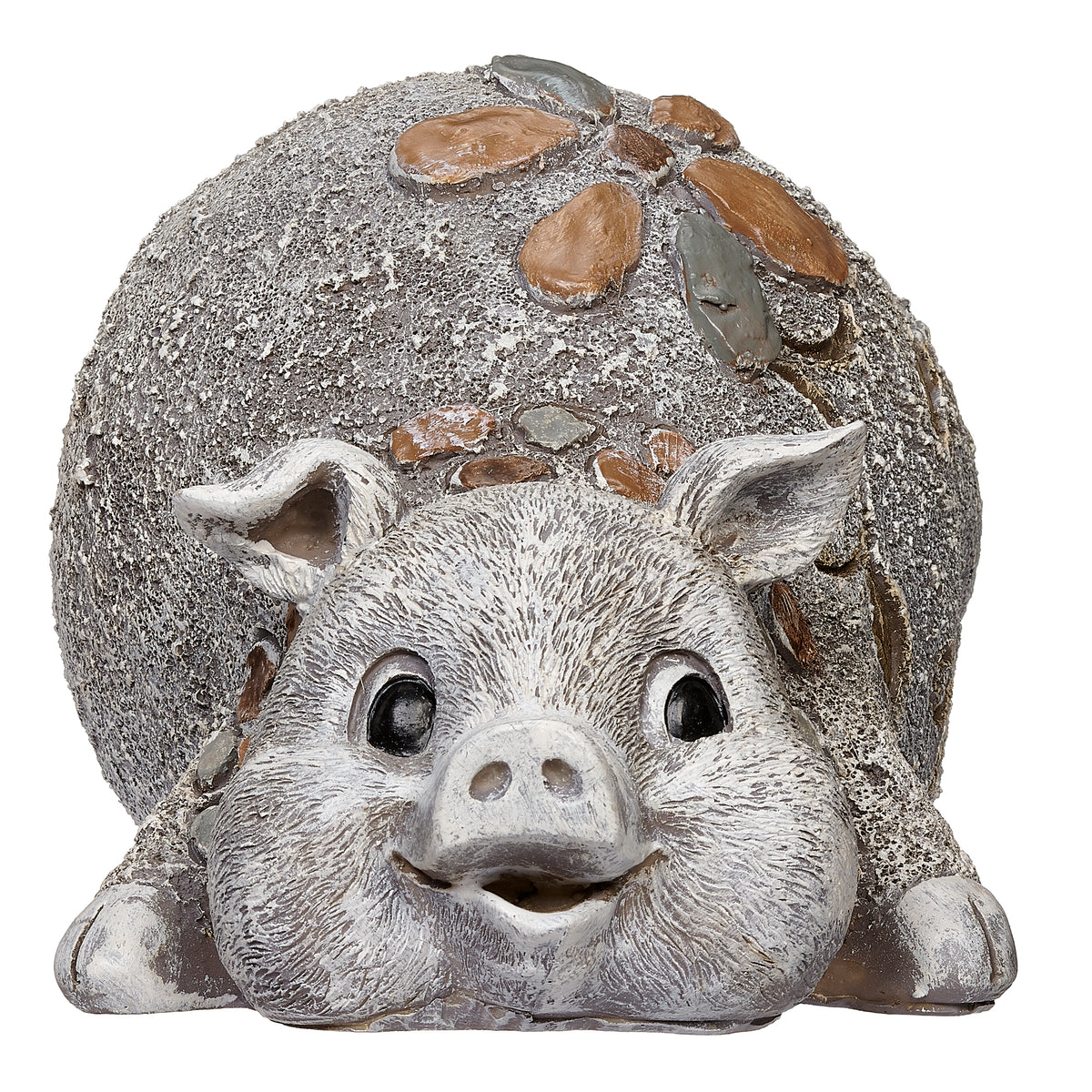 Front view of Pebble Flower Pig Garden Statue showing the playful pig face, orange floral details, and rounded stone-look body