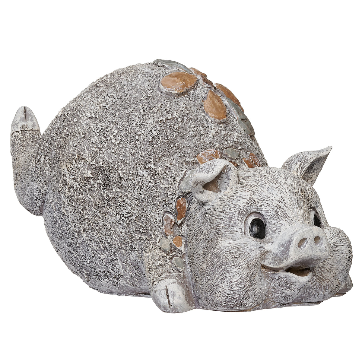 Rear angled view of Pebble Flower Pig Garden Statue showing the pebble flower accents and curled tail