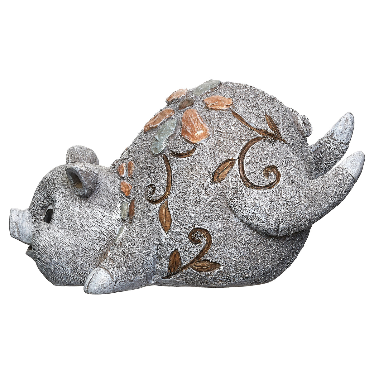 Side view of Pebble Flower Pig Garden Statue showing the rounded body, orange pebble flowers, and textured gray finish