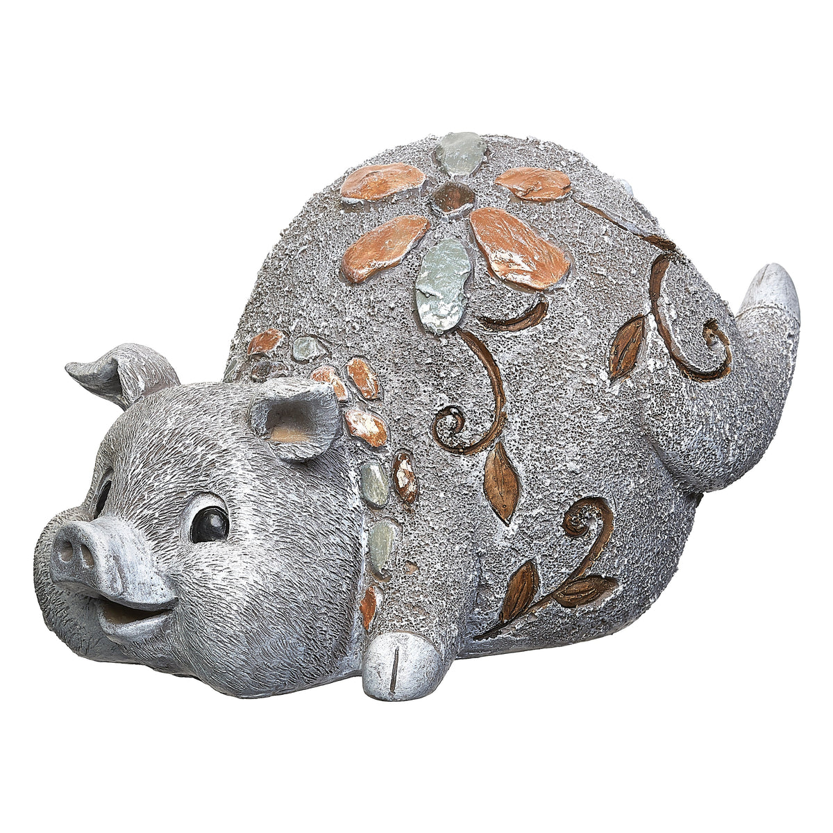 Front angled view of Pebble Flower Pig Garden Statue showing the pig face, floral accents, and decorative swirl details