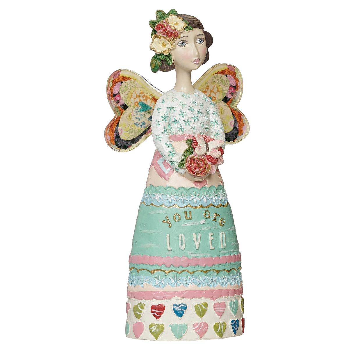 Front angled view of Kelly Rae Roberts You Are Loved Angel showing the colorful wings, floral accents, and patterned gown