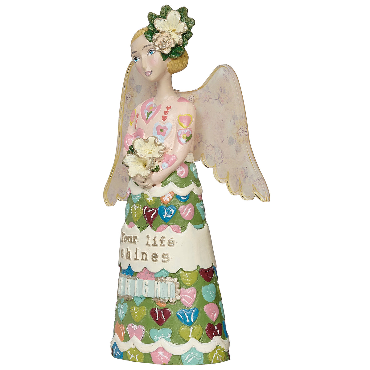 Rear angled view of Kelly Rae Roberts Shine Bright Angel showing the sculpted wings and colorful patterned details
