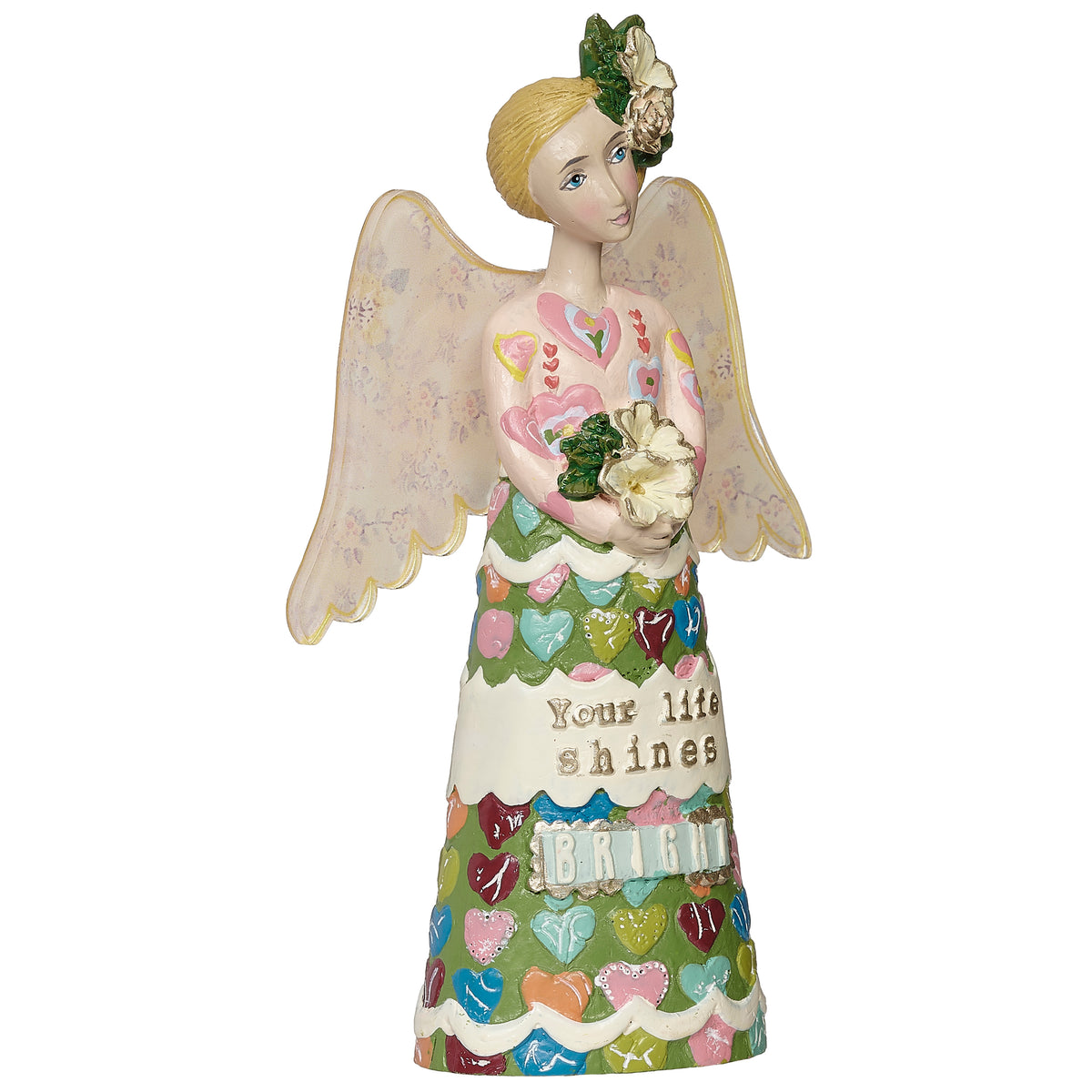 Front angled view of Kelly Rae Roberts Shine Bright Angel showing the floral crown, white wings, and colorful gown