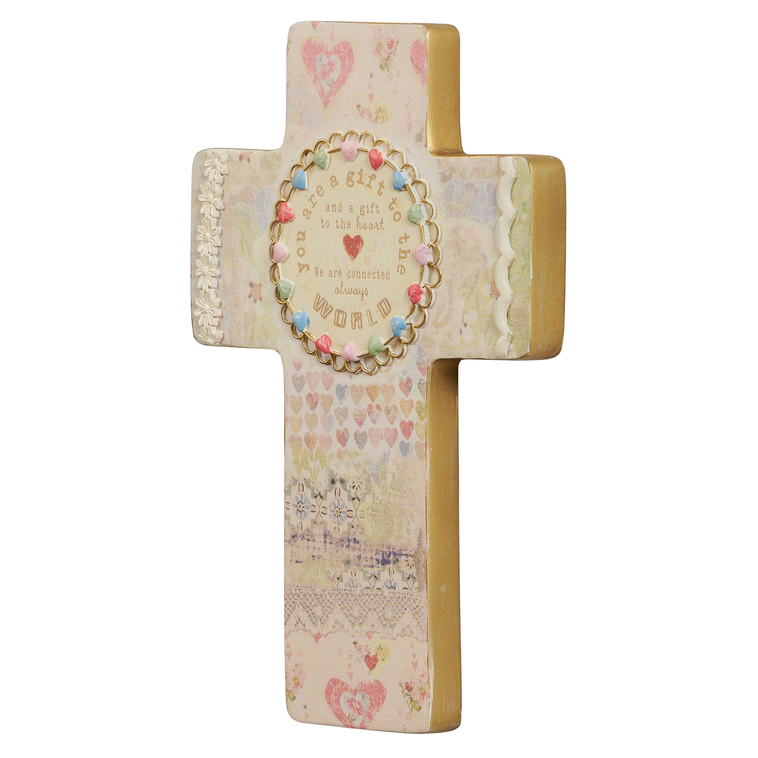 Decorative cross with heart designs and text on a white background