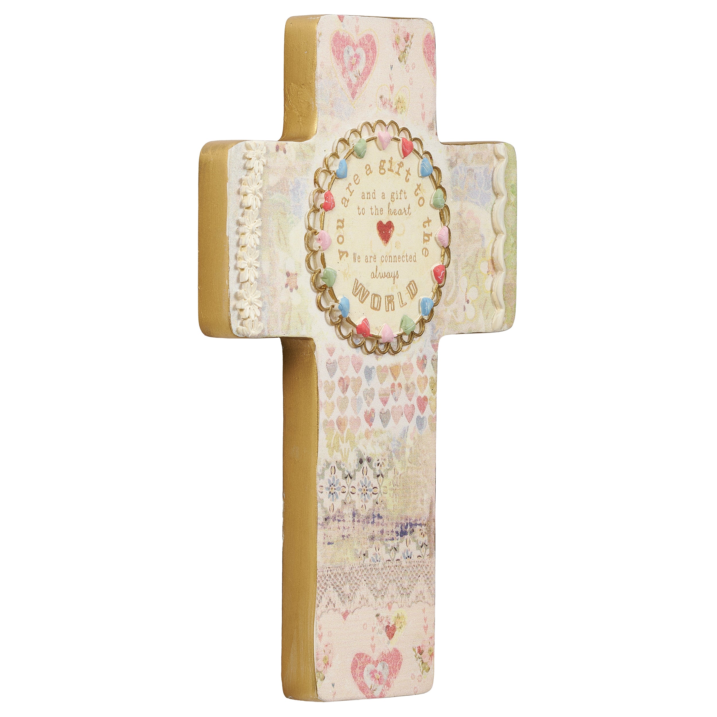 Decorative cross with heart and floral patterns on a white background