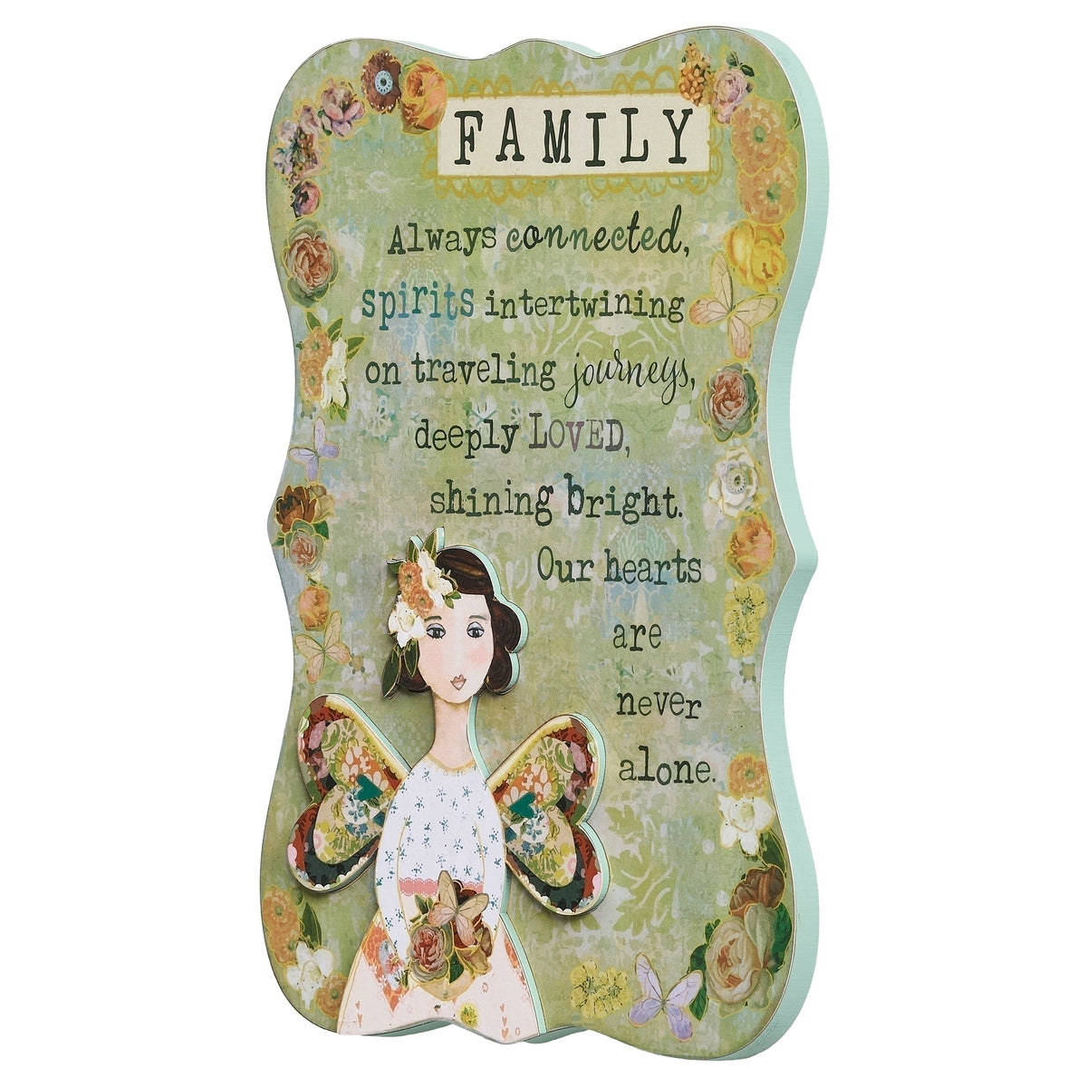 Full front view of Kelly Rae Roberts Family Wall Plaque with decorative angel artwork and uplifting family quote