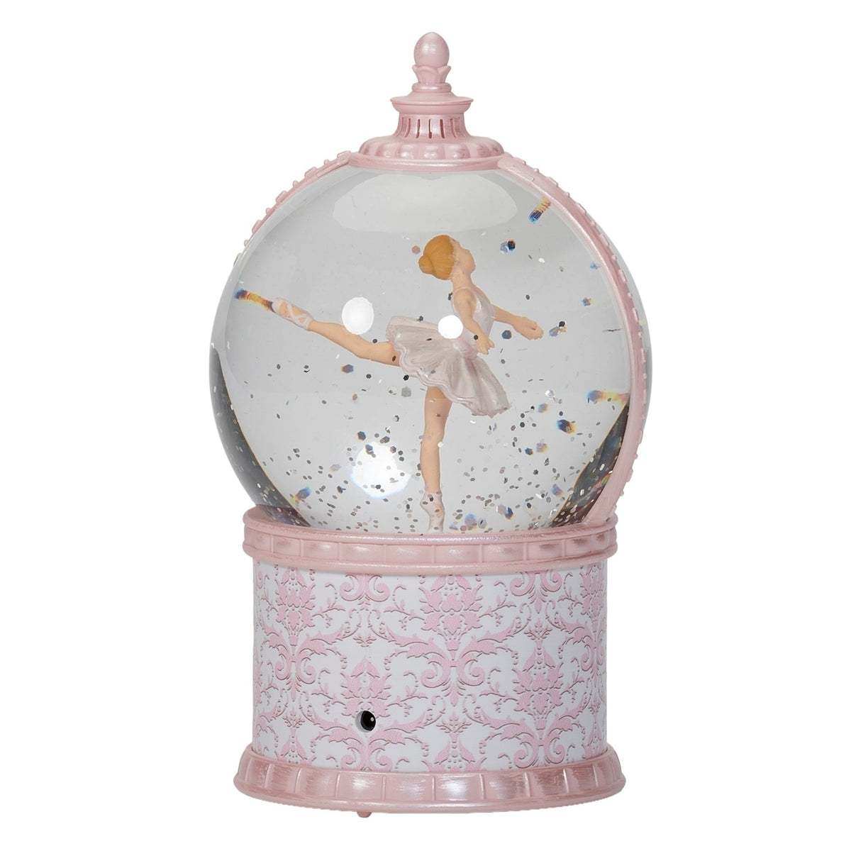 Rear angled view of Lighted Musical Enchanted Ballerina glitterdome showing the ballerina from behind inside the clear globe