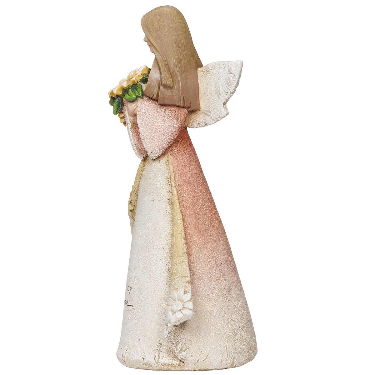 Side view of You Are My Sunshine Angel showing the flowing gown, sunflower bouquet, and white wings