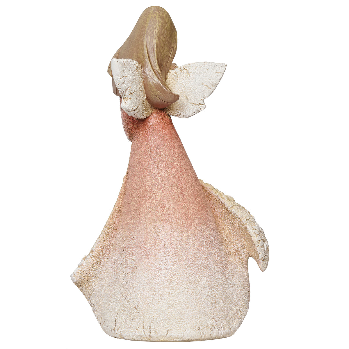 Back view of You Are My Sunshine Angel showing the soft pink gown, flowing skirt, and sculpted white wings