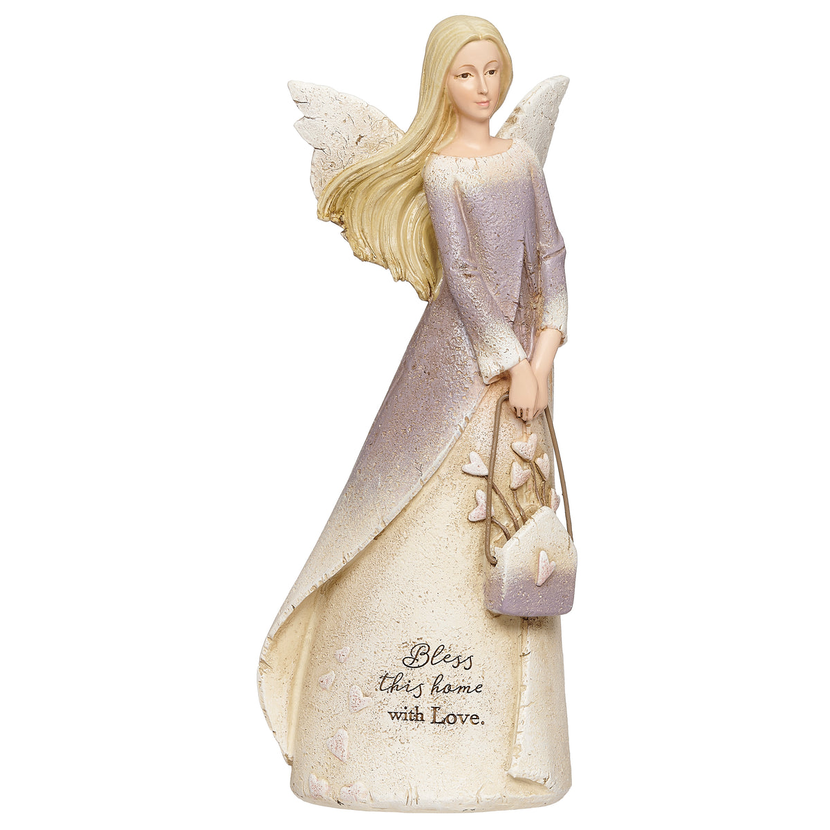 Opposite side view of Serenity Prayer angel showing her bowed head and leaf-patterned drapery.