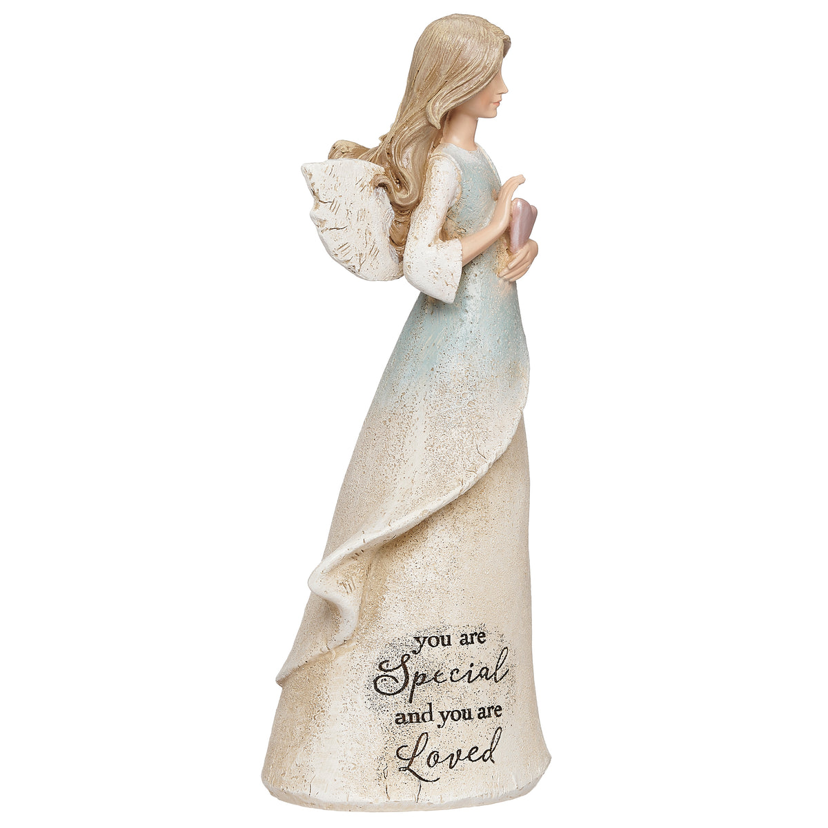Rear angled view of Karen Hahn You Are Loved Angel figurine showing the inspirational message on the gown