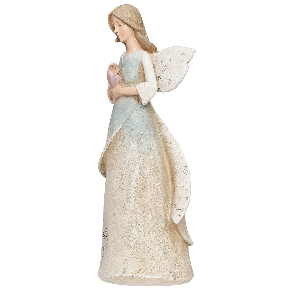 Opposite side view of Karen Hahn You Are Loved Angel figurine in a soft green and cream gown
