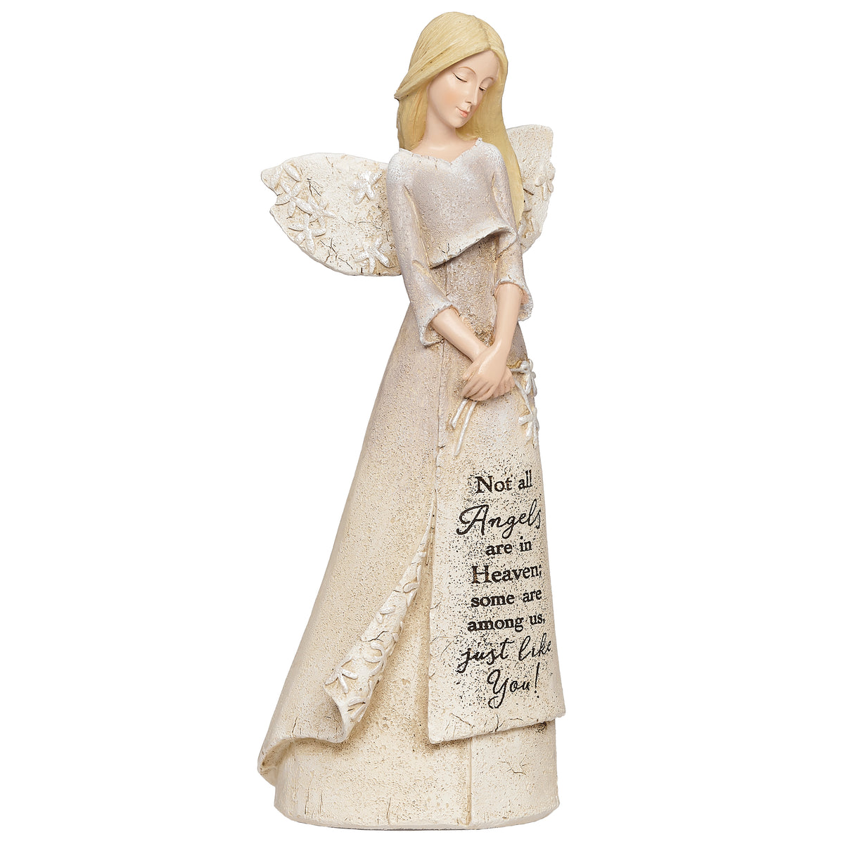 Angled front view of Angels Among Us figurine showing her folded hands and inscription down the gown.