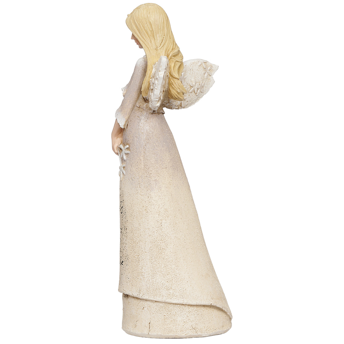 Opposite side view of angel showing her bowed head, white wing, and flared gown.