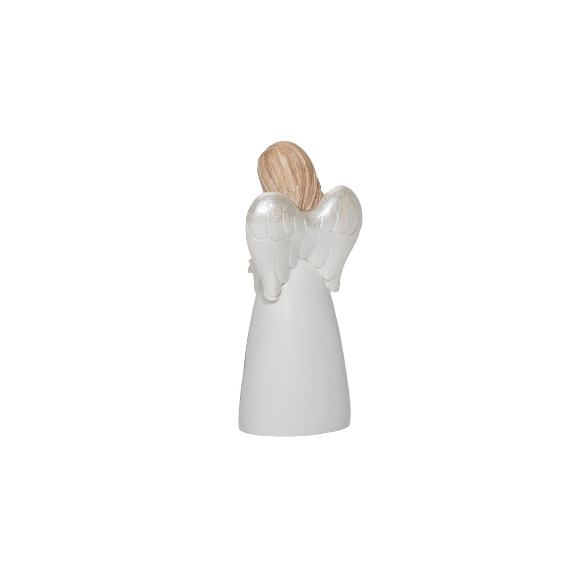 Rear view of daughter angel showing her blonde hair, white wings, and plain flowing gown.