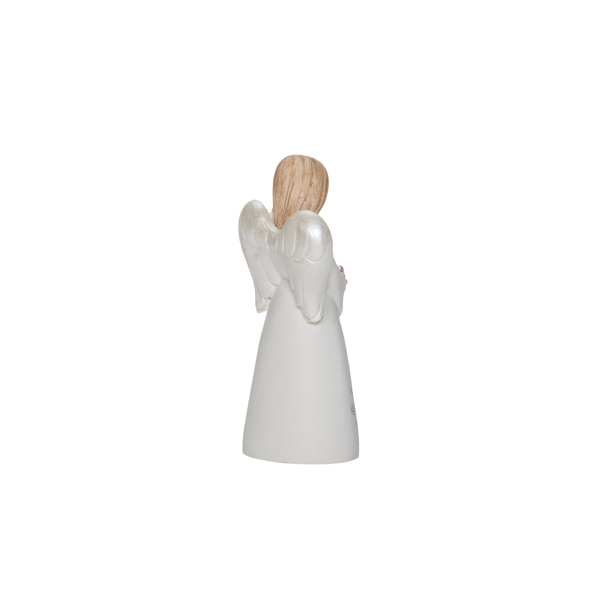 Angled rear view of daughter angel showing the wing contours and smooth white gown.