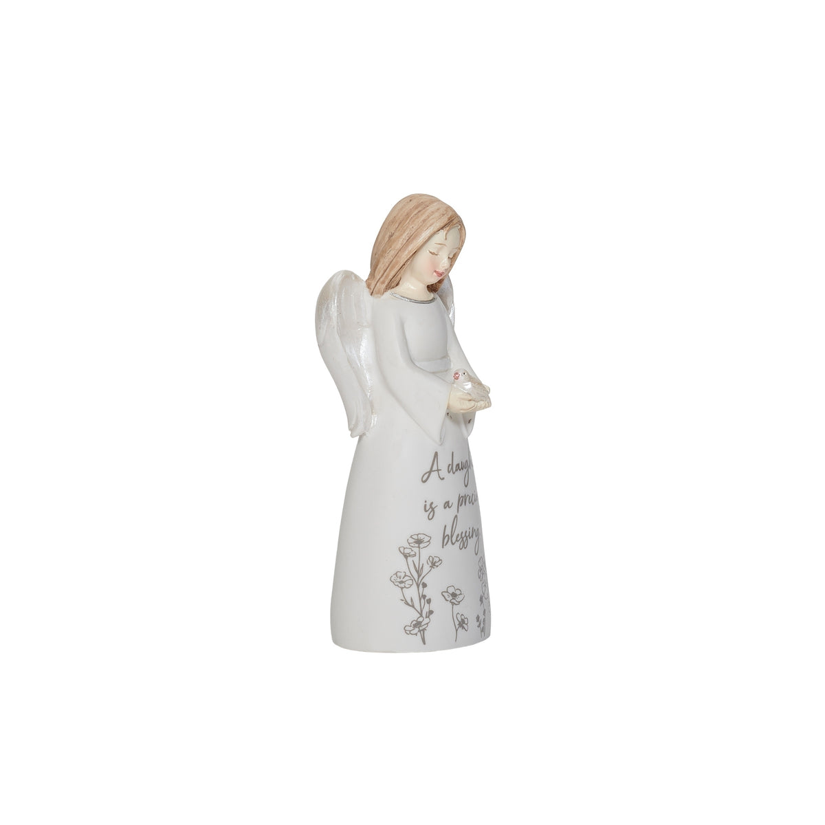 Side view of daughter angel showing her bowed head, dove, and floral gown details.
