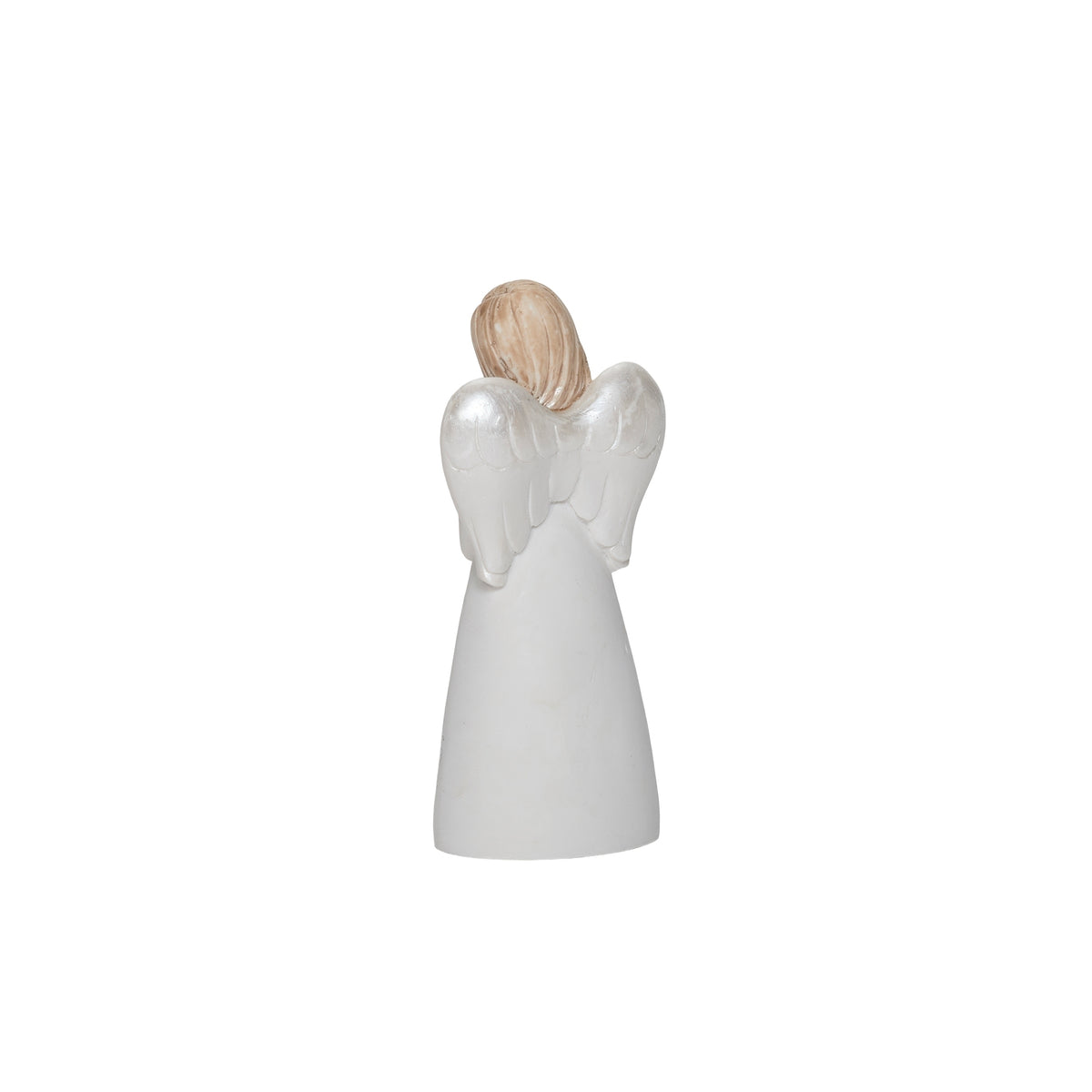 Rear view of friendship angel showing blonde hair, white wings, and a smooth flowing gown.