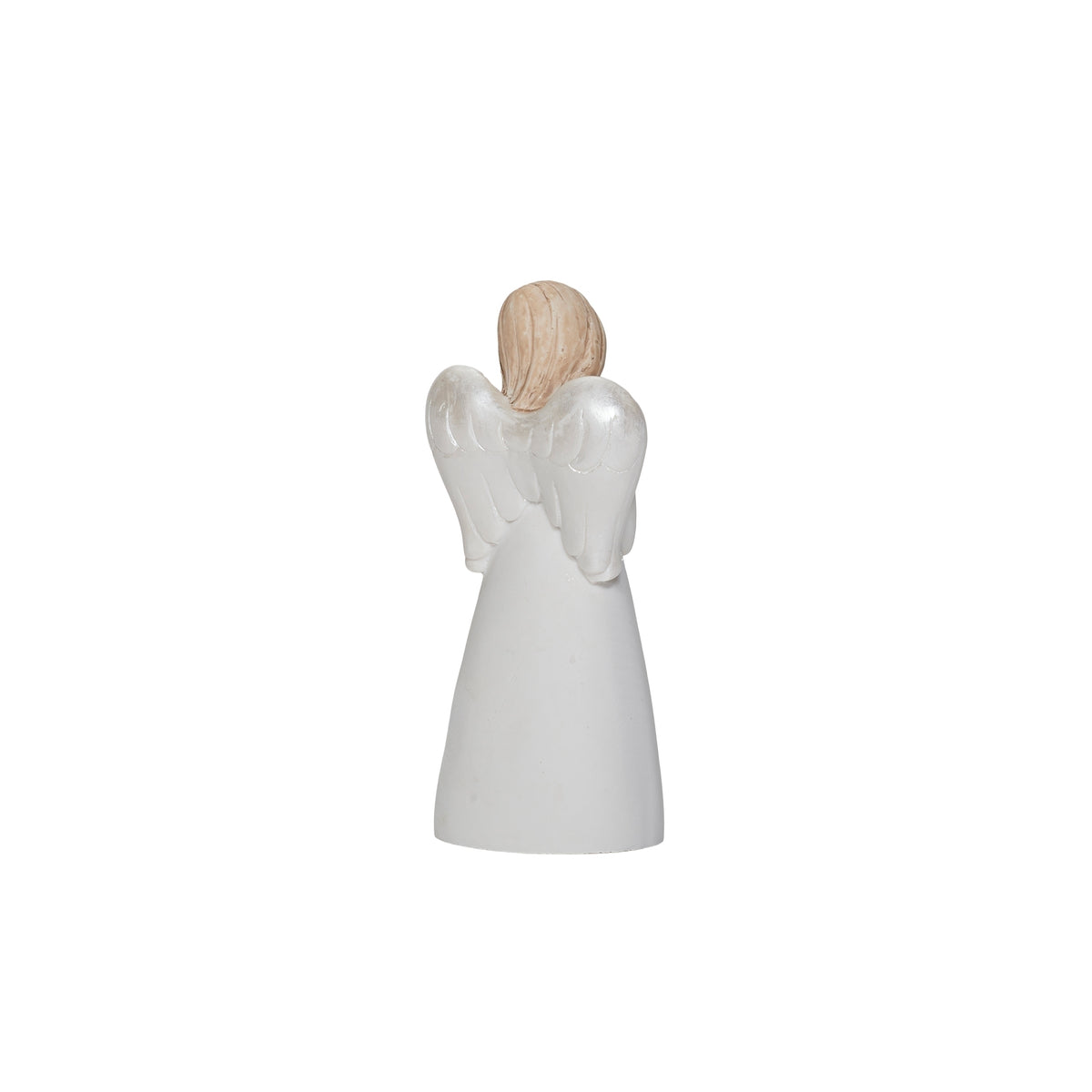 Angled rear view of friendship angel showing the curved wings and plain white gown.