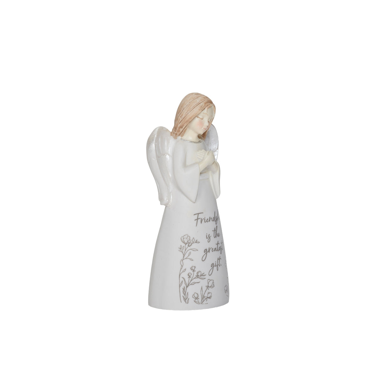 Side view of friendship angel showing her feathered wing and floral-patterned skirt.