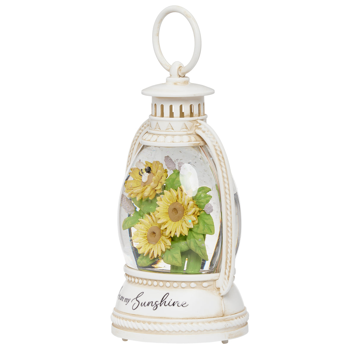 Front view of You Are My Sunshine Shimmer Lantern featuring bright yellow sunflowers and decorative white frame