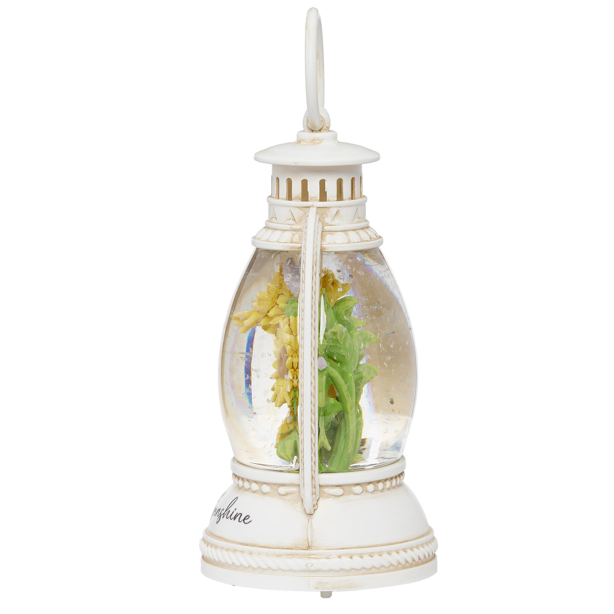 Side view of You Are My Sunshine Shimmer Lantern showing the narrow profile, clear panel, and sunflower design