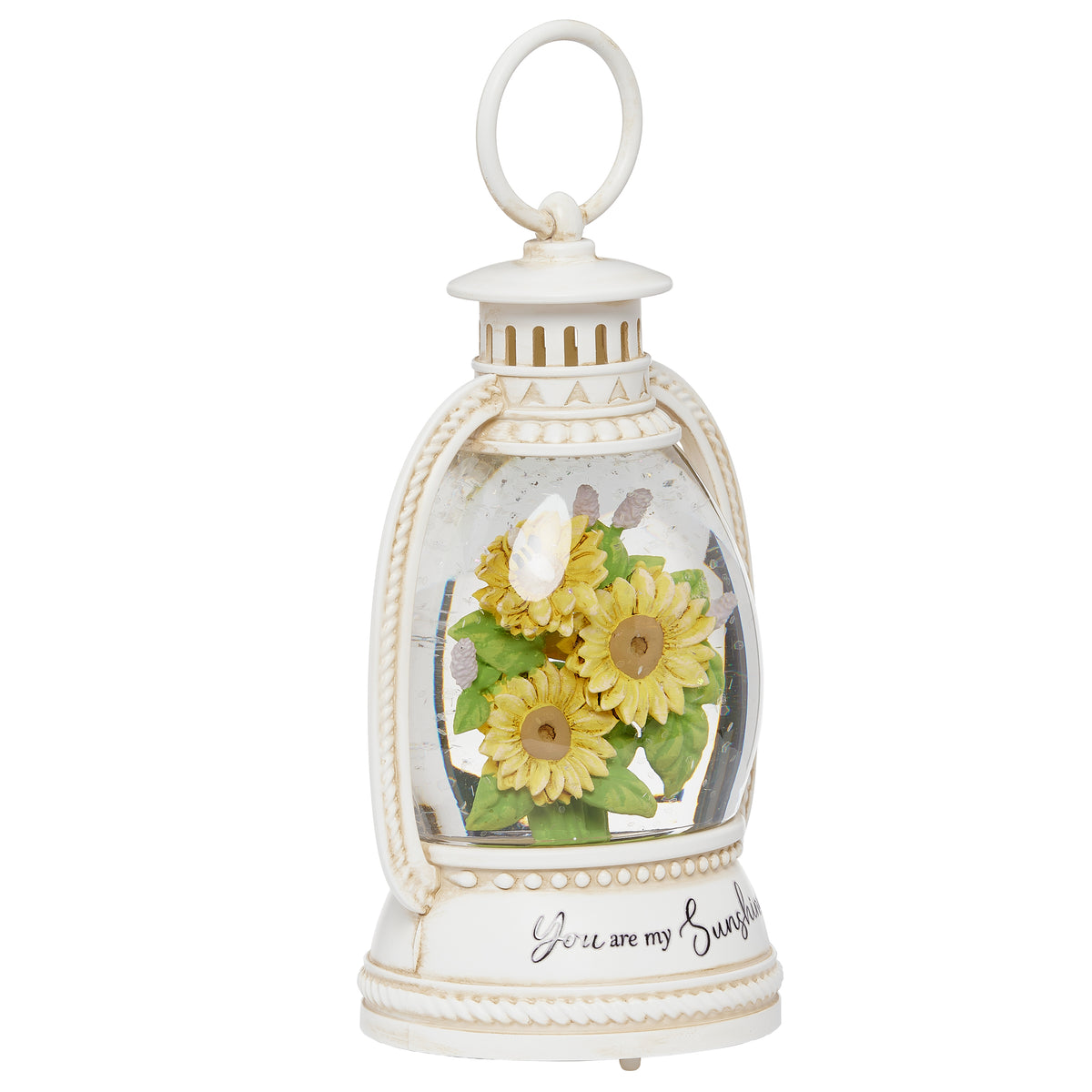 Rear angled view of You Are My Sunshine Shimmer Lantern showing the white frame, sunflower artwork, and round handle