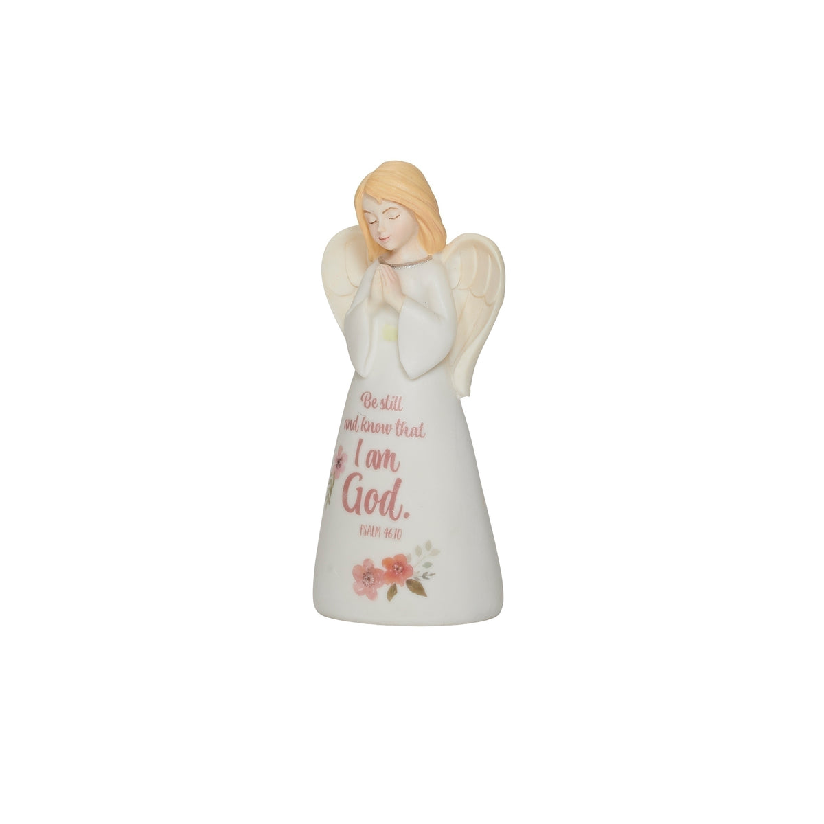 Front view of "Be Still" Angel Figure showing the scripture message and floral details on the gown