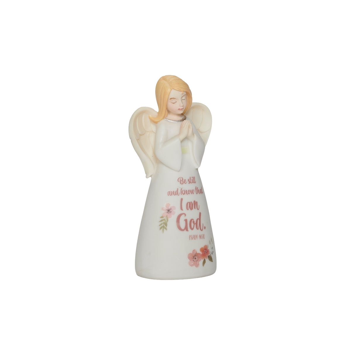 Alternate front view of "Be Still" Angel Figure featuring the scripture and floral accents