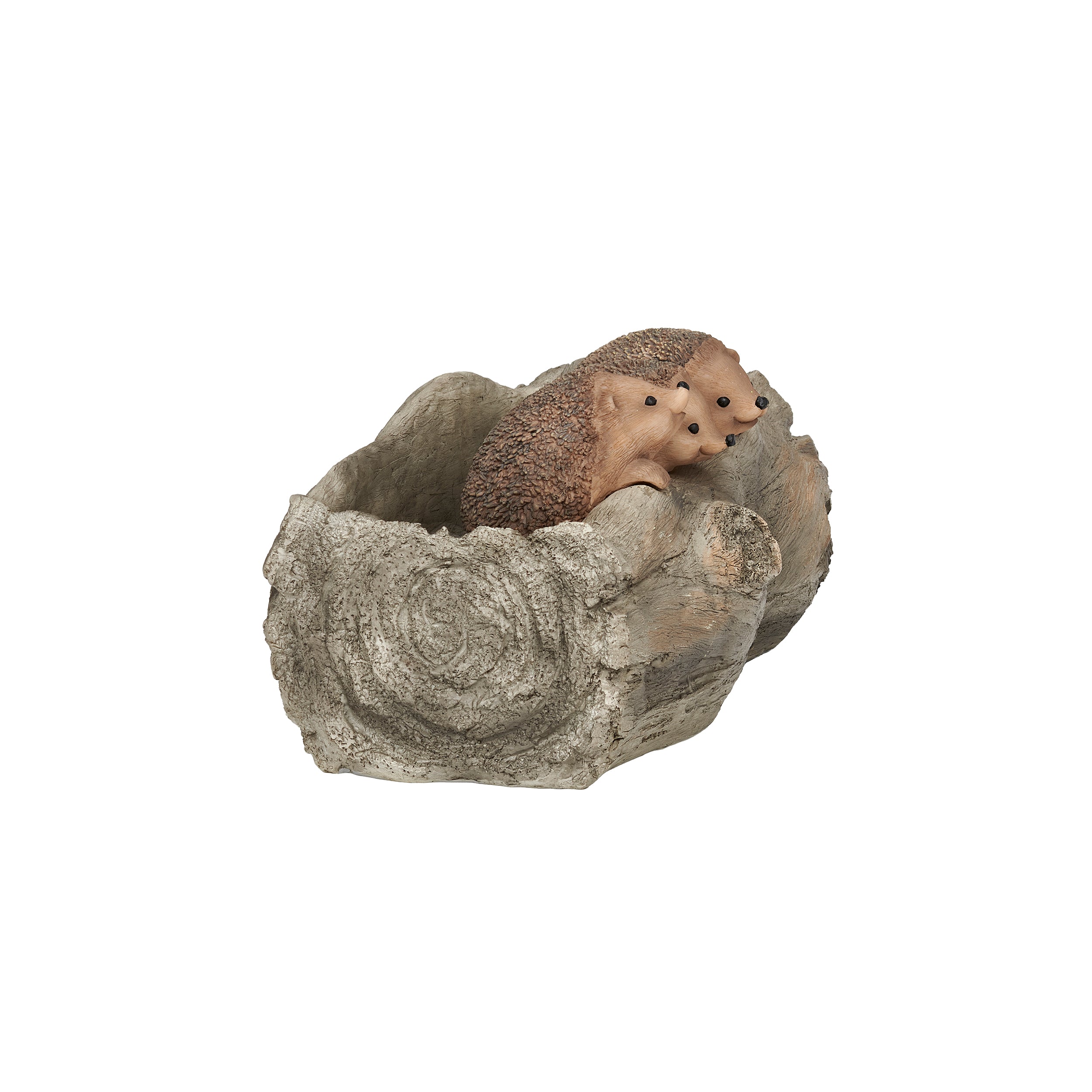 Three small hedgehog figurines in a wooden planter 