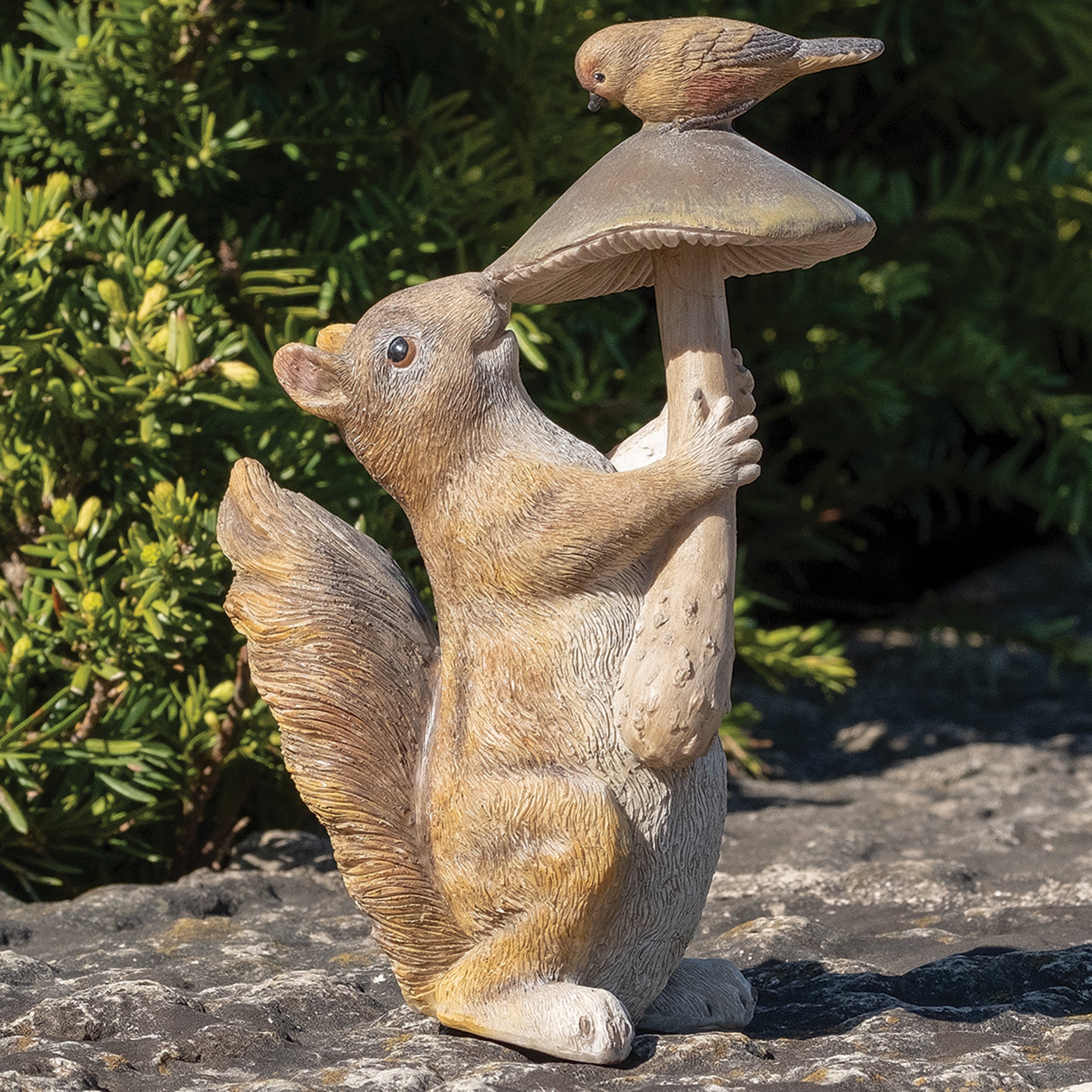 Squirrel with Mushroom & Bird Garden Statue