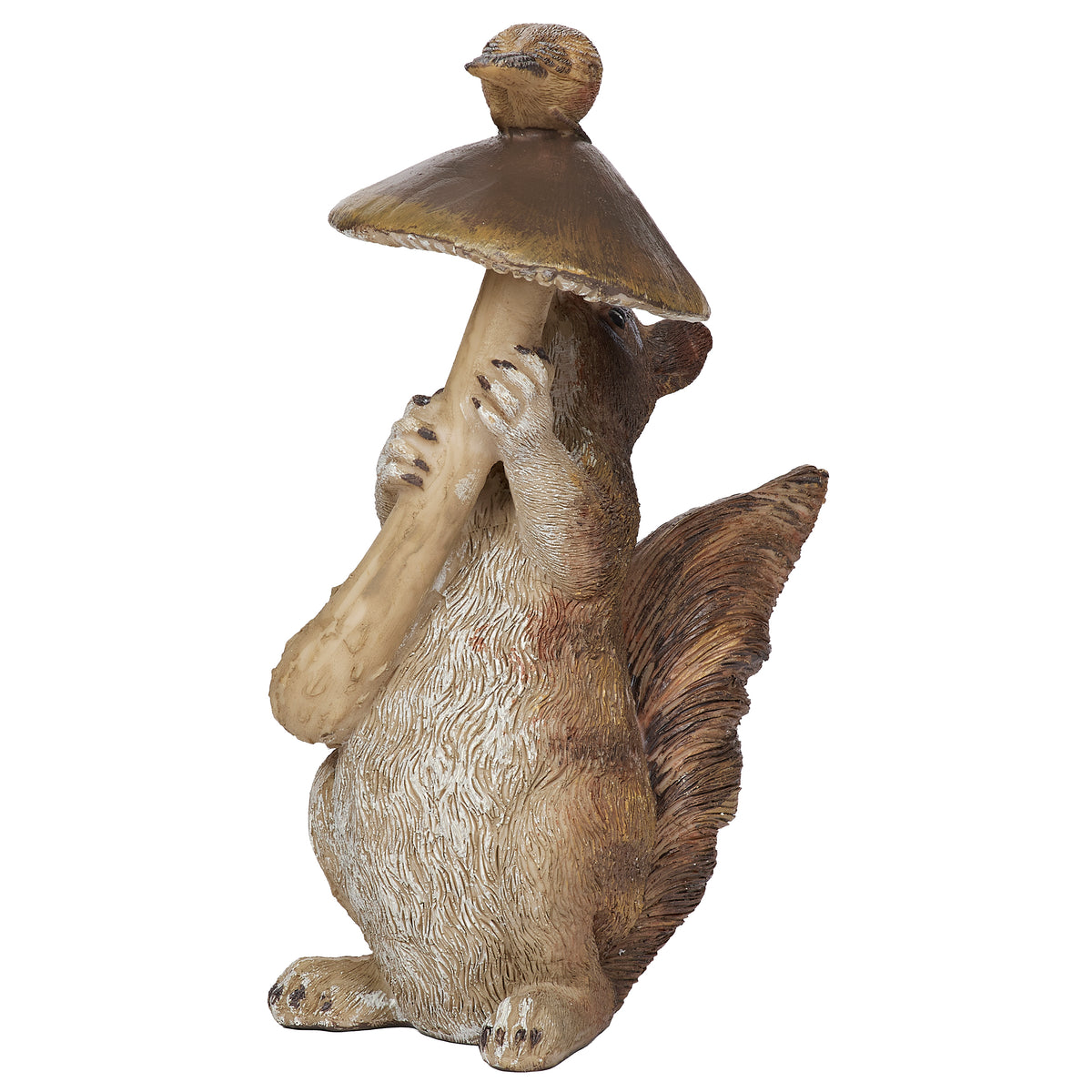 Side view of Squirrel with Mushroom & Bird Garden Statue showing the squirrel holding the mushroom with bird perched above