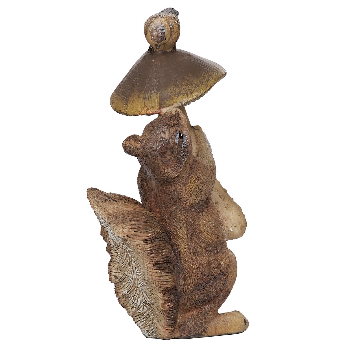 Opposite side view of Squirrel with Mushroom & Bird Garden Statue showing the squirrel’s bushy tail and bird perched on the mushroom